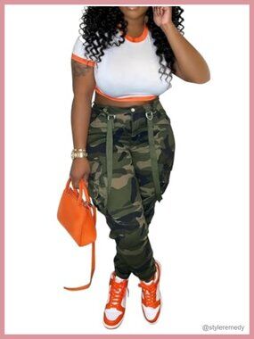 Camo Cargo Pants for Women - High Waisted Stretchy Army Fatigue with Pockets